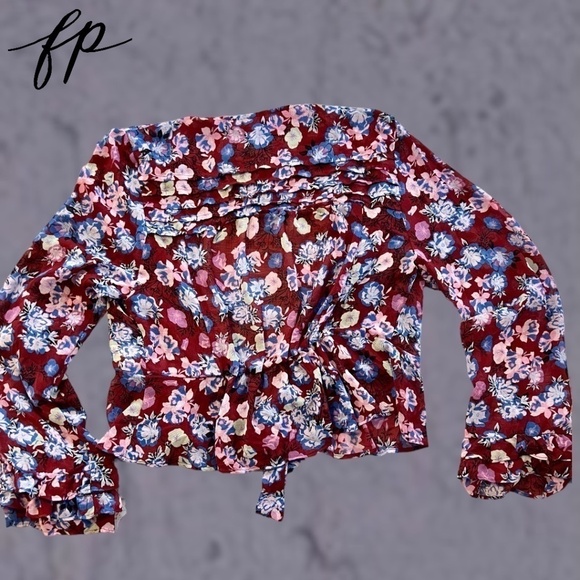 FREE PEOPLE NWT Maybel Tie Front Long Bell Sleeve Semi-Sheer Ruffle Blouse/Md - Picture 14 of 16